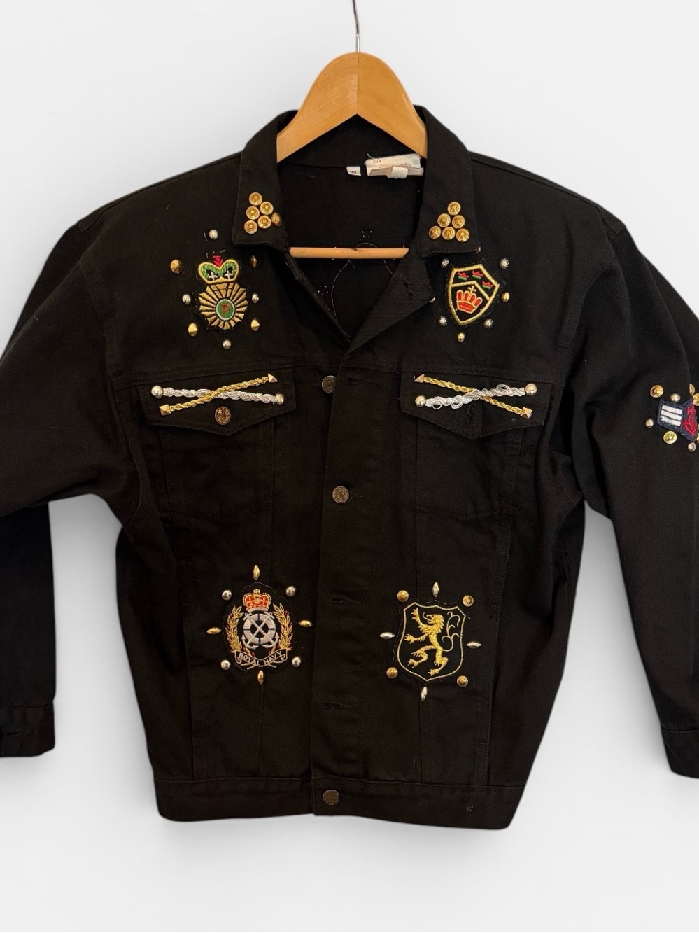 Vintage 80s denim  black Jacket with embellished metallic and patch accents